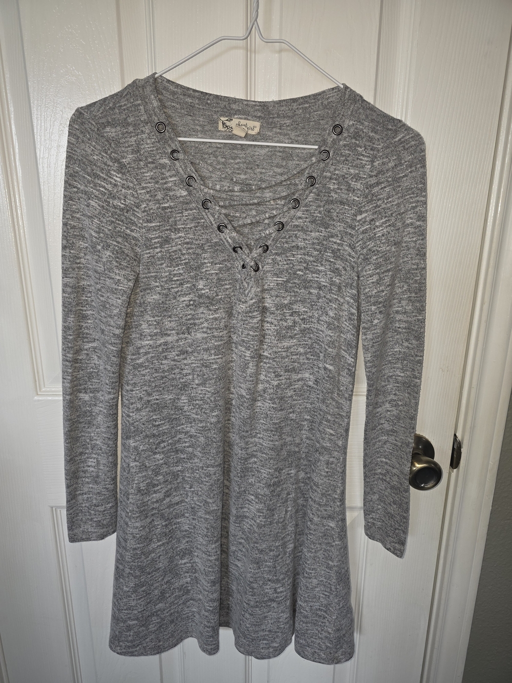 Lace-Up V-Neck Long Sleeve Dress - Gray